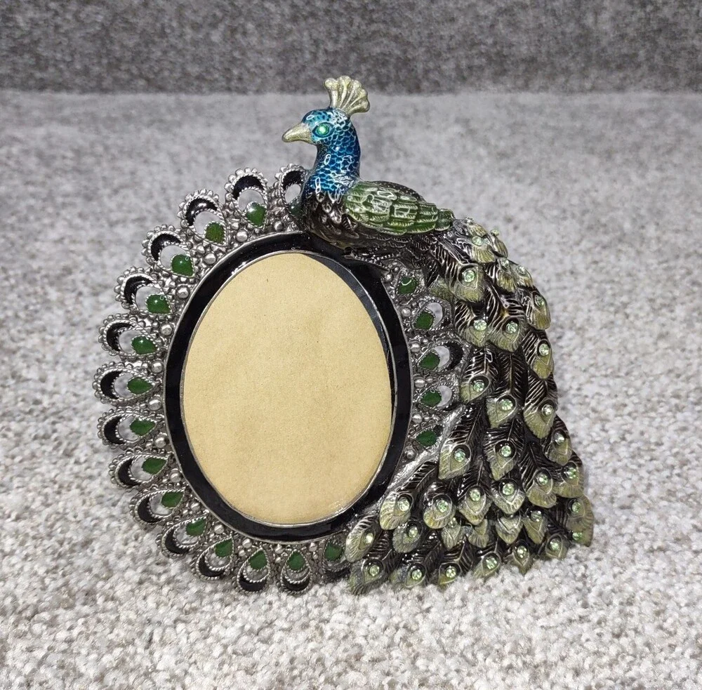 Pier 1 Peacock Picture Photo Frame Metal Enameled Rhinestone Decorative Bird
